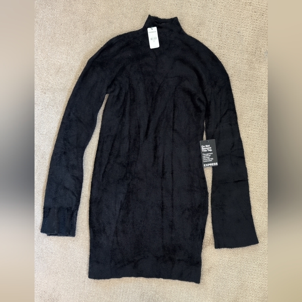 Express Long Flounce Sleeve Mock Neck Fuzzy Fitted Bodycon Dress